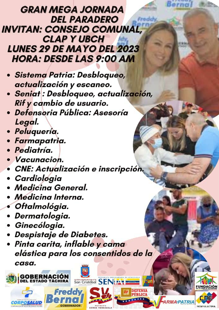 clap_divino's tweet image. #29Mayo Te invitamos a la Mega Jornada del Paradero #LaConcordia #Táchira a partir de las 9:00 am. Se brindará atención médica especializada, farmacia, asesoría legal, atención Sistema Patria con @MSVEnLinea  y mucho más. Asiste! 
@PSUVTachira @RomerPSUV @jghuerfanoo
