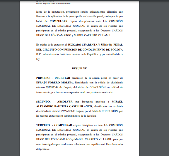 #PrimiciaW El juez 46 de Conocimiento absolvió por inocencia a Misael Alejandro Casteblanco, secretario del @tacundinamarca quien fue investigado por el pago de un soborno de 200 millones de pesos para beneficiar al exalcalde de Cota Juan David Balcero con un fallo judicial