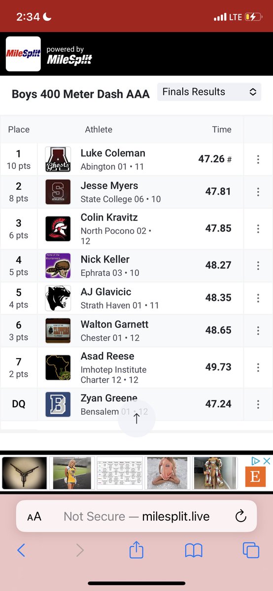 zyan_greene's tweet photo. State meet didn’t go as planned got dq for putting my foot in lane 4 at the finish line. https://t.co/tTZwaeVp28