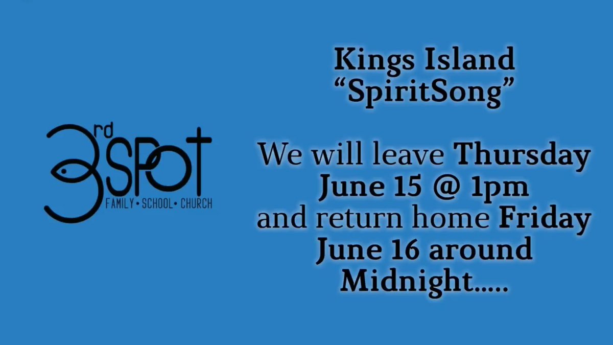 3rd Spot is headed to Kings Island for "SpiritSong" spending time at the park and at the Christian Music Festival. Limited spots are available so please RSVP by tomorrow, May, 31st. Call the Church at 765-962-5773.