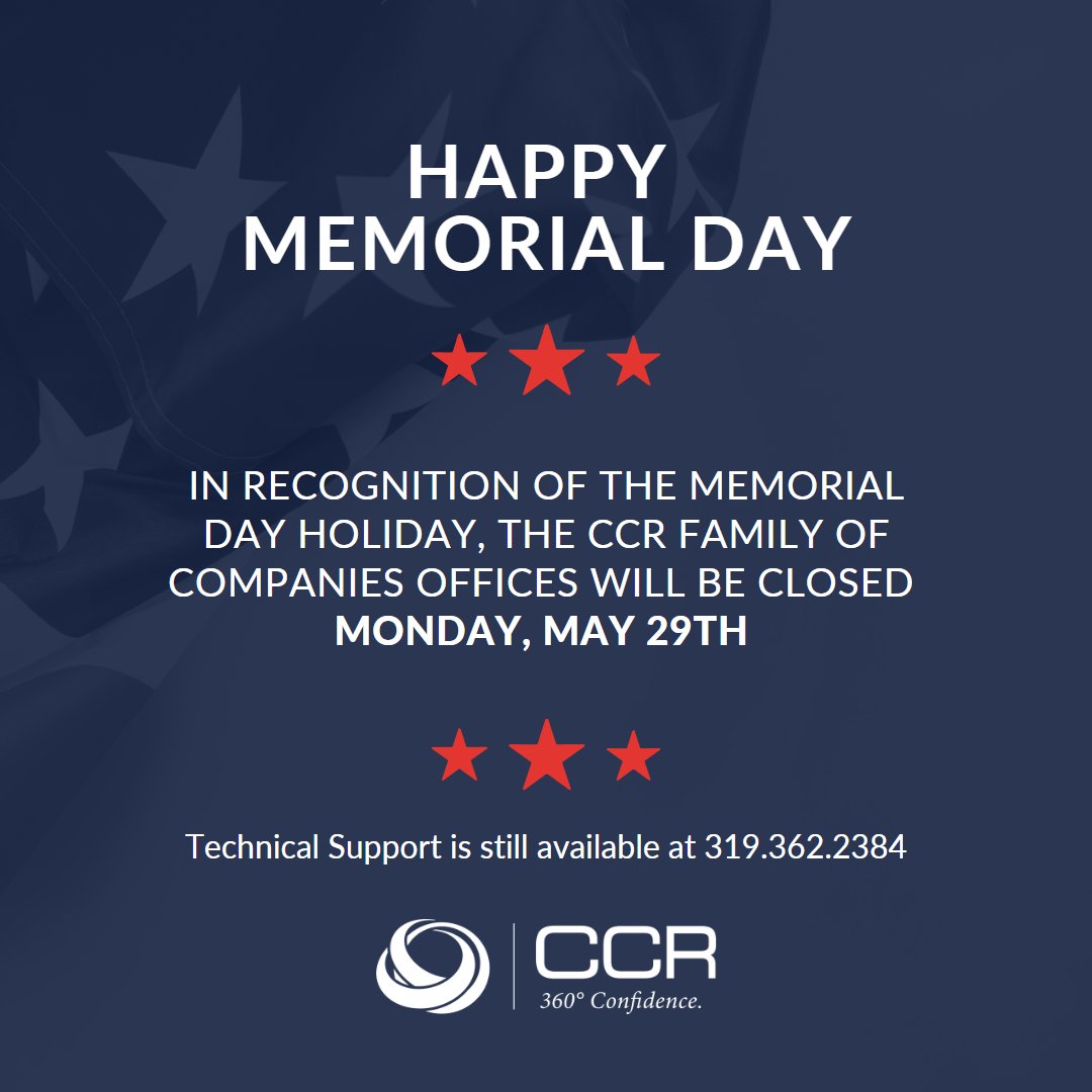 The CCR office is closed in observance of the Memorial Day holiday, but urgent technical support can still be reached by calling 319.362.2384. Regular business hours will resume on Tuesday, May 30th.

#MemorialDay #Veterans #ThankAVeteran