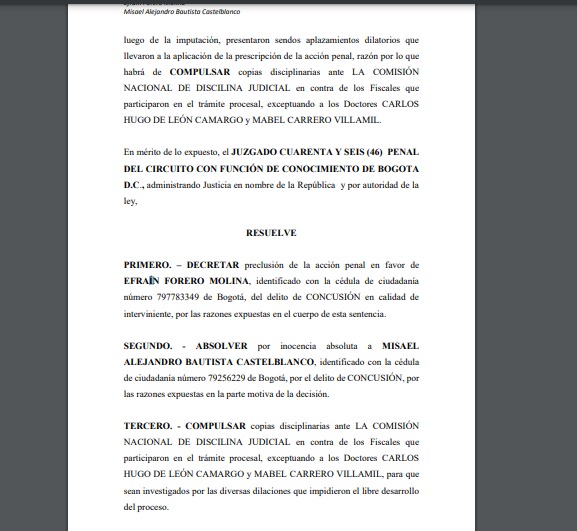 #PrimiciaW | El juez 46 de Conocimiento absolvió por inocencia a Misael Alejandro Casteblanco, secretario del @tacundinamarca, quien fue investigado por el pago de un soborno de 200 millones de pesos para beneficiar al exalcalde de Cota Juan David Balcero con un fallo judicial.