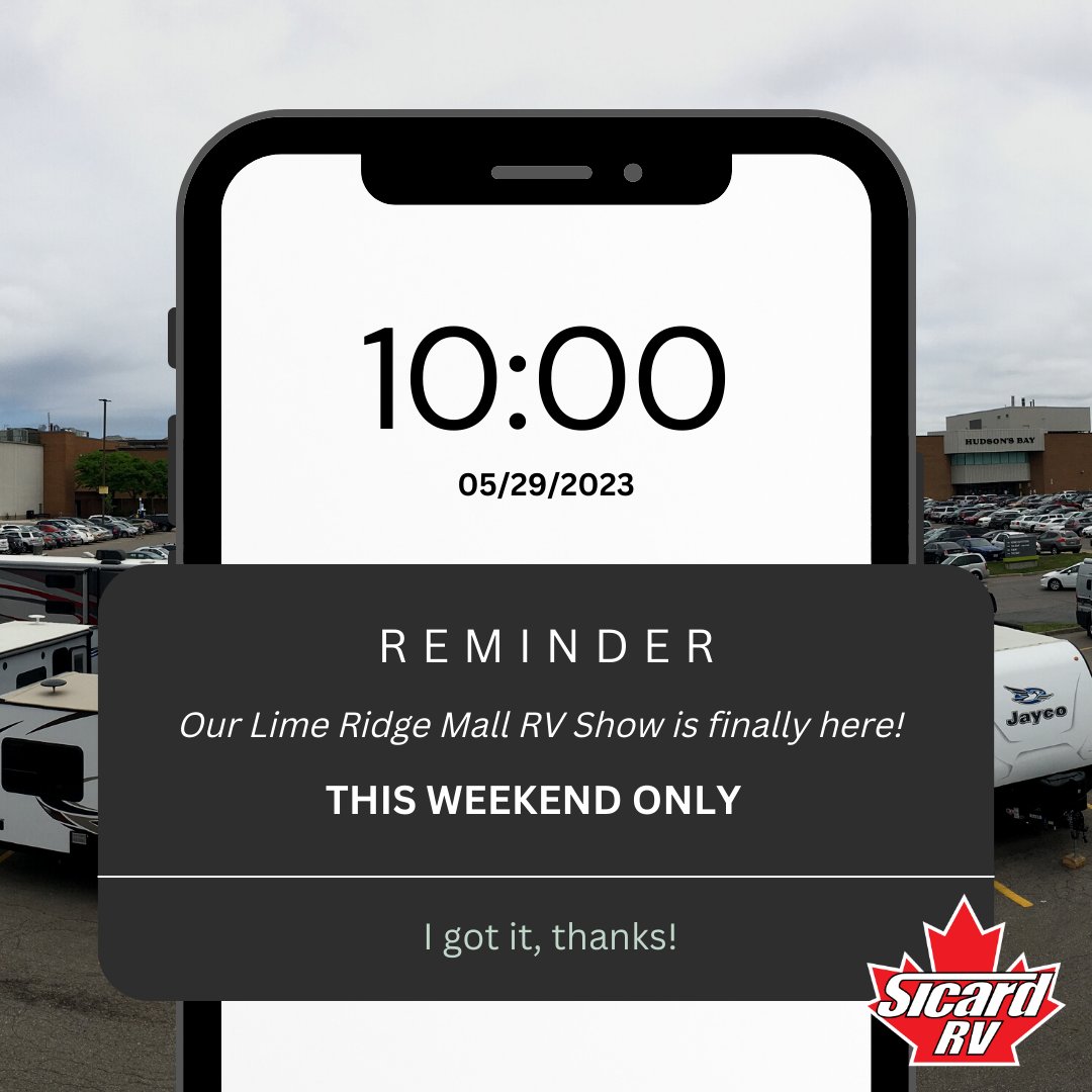 SicardRV's tweet photo. Kick off your summer right, withthe Return of our Lime Ridge Mall RV Show! Happening this weekend ONLY, located at the CF Lime Ridge Mall in Hamilton. We hope to see you there!

Hours of our Lime Ridge Mall RV Show:
June 2: 10am - 7pm
June 3- 9:30am - 6pm
June 4- 11am - 5pm https://t.co/ucBclKUsv2