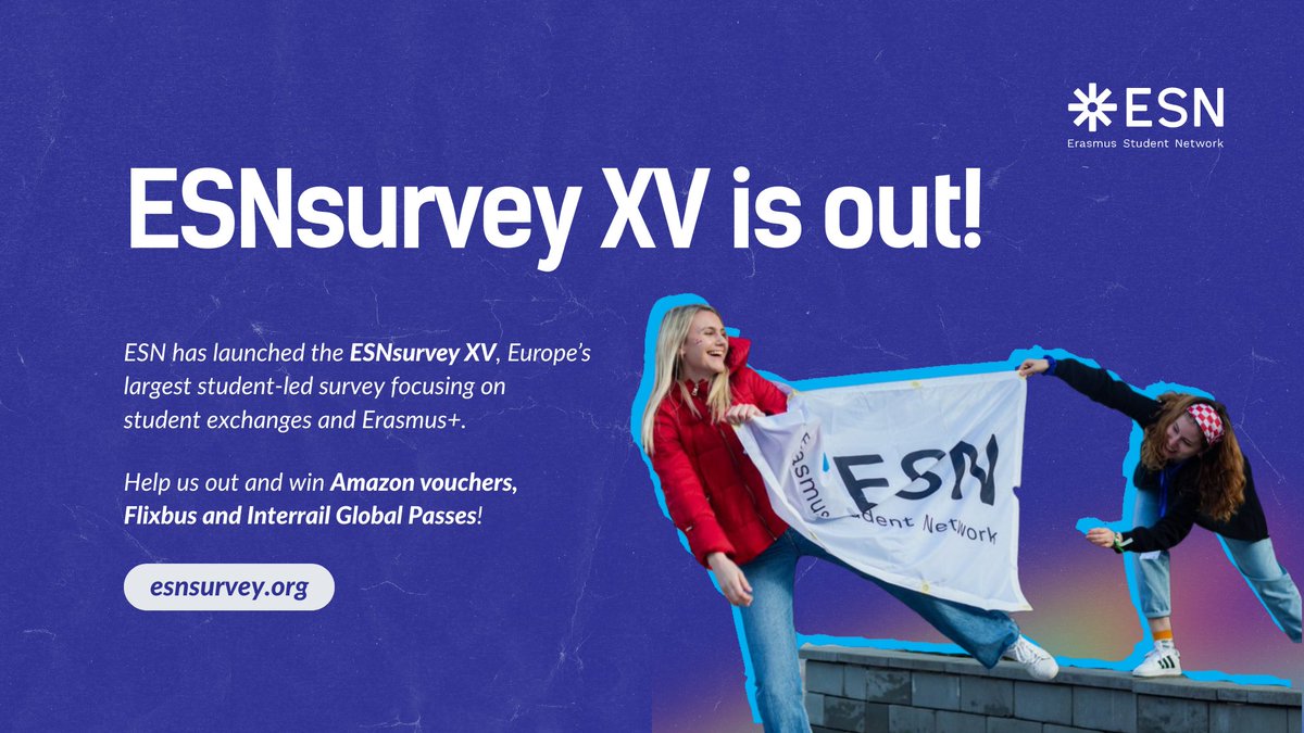 ESN_Int's tweet photo. 🙌 Today we are launching the XV Edition of the #ESNsurvey, the biggest student-led, Europe-wide research on student mobility &amp; #education. Find out more at 🔗https://t.co/MqC6I2kCeR
 and go to https://t.co/1b9t0kEGhX to help us define the voice of the Erasmus Generation. 📢 https://t.co/VP8fLJxPVP