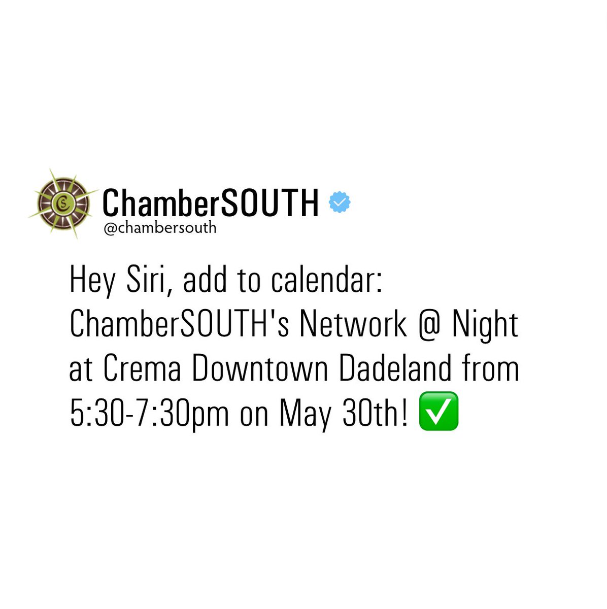 Hey Siri, add to calendar: Network @ Night at Crema, TOMORROW! ✅ 

We'll see you there, ChamberSOUTH! 

#allthingschambersouth #chamberofcommerce #joinchambersouth #networking