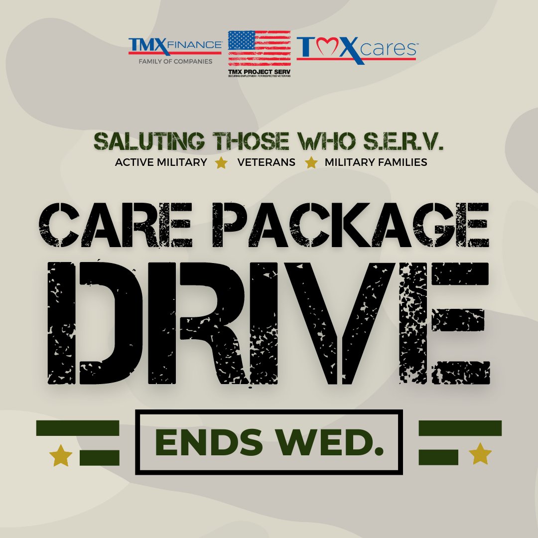 Support those who serve and donate to our #TMXCares Care Package Collection Drive by Wednesday! You can drop off necessities like toiletries and cotton socks as well as nonperishable snacks to any TitleMax®, TitleBucks®, or InstaLoan® location!