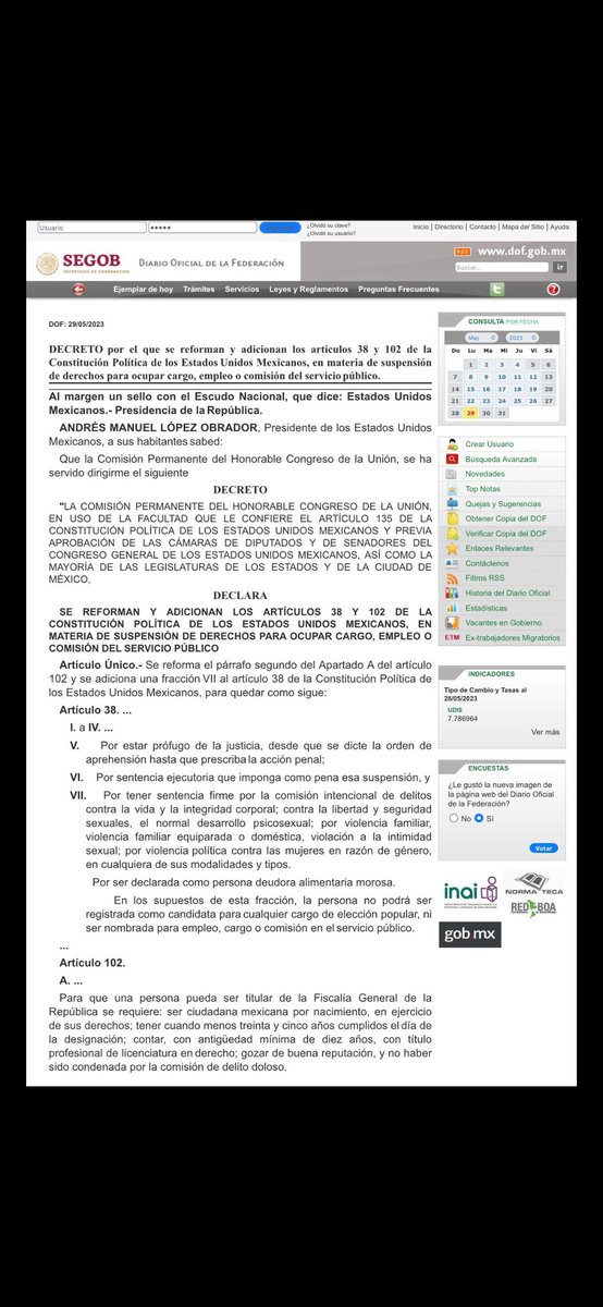 Hoy fue publicada en el DOF la reforma #3de3VSlaviolencia

La cual impide que agresores accedan a puestos de poder

Para 2024 serán requisitos de elegibilidad en la elección de presidente, 9 gobernadores, 29 alcaldes y en la elección del Congreso Federal y estatal

#NoticiasRedMX