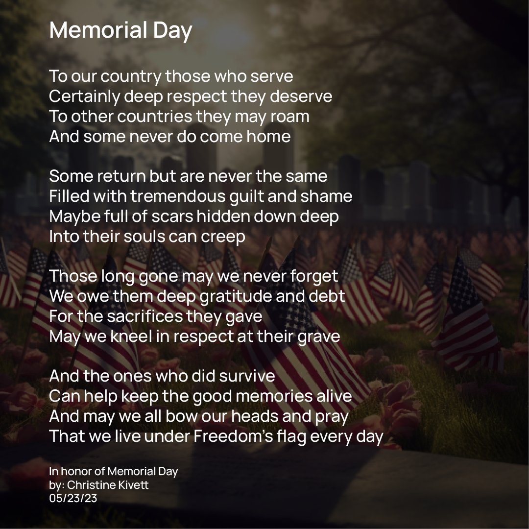 Honor and Remembrance🇺🇸
On this humbling day, we bring you a poem from one of our own.
It is with great respect and gratitude we remember those who did not come home, those that are a ghost of who they once were, and those that lost the battle here at home.
#MemorialDay #22aday