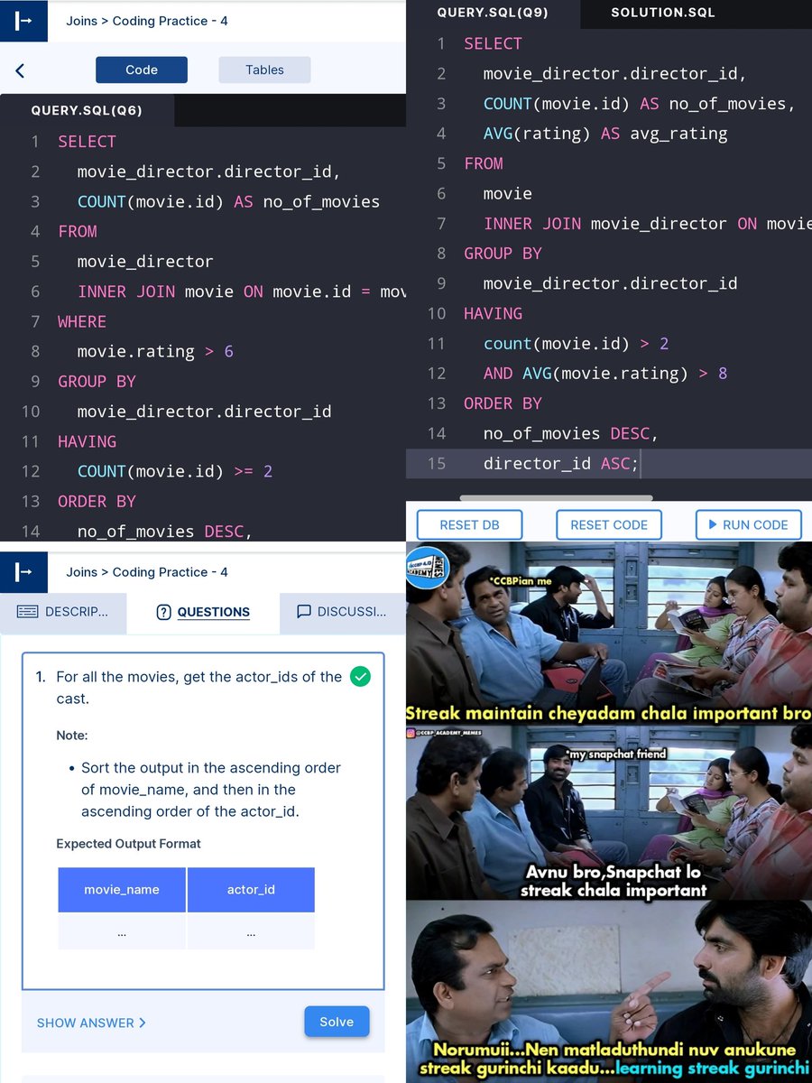 chandukuruvaa's tweet image. Hello Folks
I had completed the Joins > Coding Practice - 4 in SQL 👨🏻💻
Thanks to @rahulattuluri Sir, @sashankreddy07 Sir, @girishakash13 Sir, @avinashdara Sir & @nxtwave_tech
#1hourofcode #codingpractices #coding #sqlprogramming #joins #consistencyiskey #ccbpacademy #nxtwave