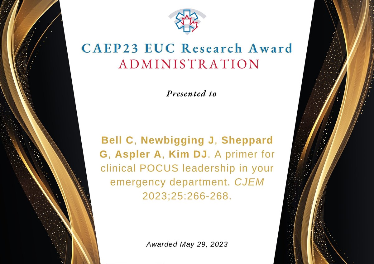 Dan Kim (@dan___kim) on Twitter photo The <a href="/CAEP_EUC/">CAEP Emergency Ultrasound Committee</a> presents our CAEP23 EUC Research Awards:
Best research in #POCUS administration: "A primer for clinical POCUS leadership in your emergency department" <a href="/colinrbell/">Colin Bell</a> @GillianSheppar9 <a href="/anneaspler/">Dr. Anne Aspler</a> in <a href="/CJEMonline/">CJEM</a>
doi.org/10.1007/s43678… The <a href="/CAEP_EUC/">CAEP Emergency Ultrasound Committee</a> presents our CAEP23 EUC Research Awards:
Best research in #POCUS administration: "A primer for clinical POCUS leadership in your emergency department" <a href="/colinrbell/">Colin Bell</a> @GillianSheppar9 <a href="/anneaspler/">Dr. Anne Aspler</a> in <a href="/CJEMonline/">CJEM</a>
doi.org/10.1007/s43678…