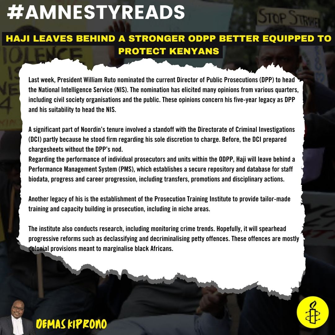 AmnestyKenya's tweet photo. Haji leaves behind a stronger @ODPP_KE better equipped to protect Kenyans. Our first #AmnestyRead by @kipdemas highlights the positive steps made by Noordin Haji. Read more here
https://t.co/B5UZ43F8mA https://t.co/qX1dLjwfgt