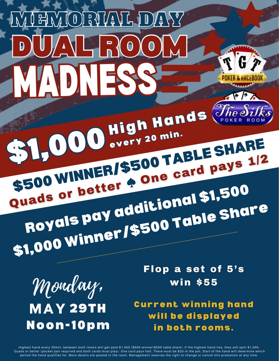 SilksPokerRoom's tweet photo. Great promotion today $1,000 every 20 minutes with table shares. Flop a set of 5's win $55. https://t.co/wBWxurhxgD