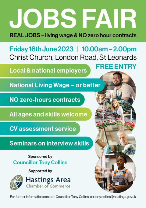 Green Cllr Tony Collins is hosting a Jobs Fair for #StLeonards #Hastings!  

16th June  - FREE 

National LIVING wage + NO 0hr contracts!  

Pls share and RT #Greenwin