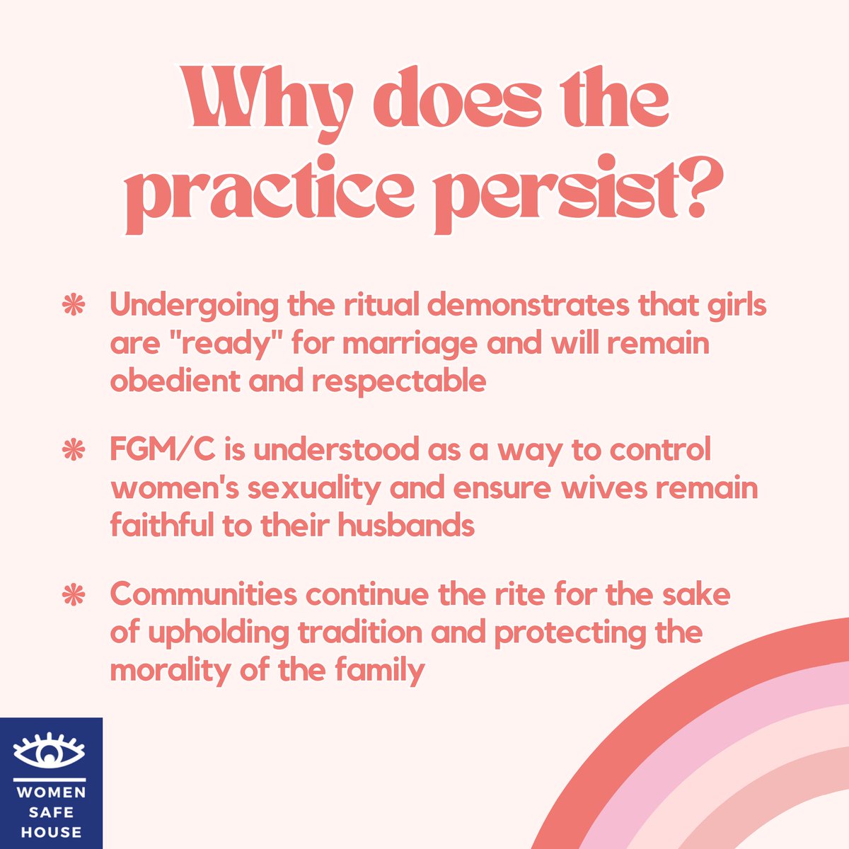 Despite its many health risks and human rights violations, female genital mutilation/cutting (FGM/C) continues to occur because it is a long-standing cultural norm in many communities.

#womensafehouse #women #fgmc #endfgmc #endgenderbasedviolence