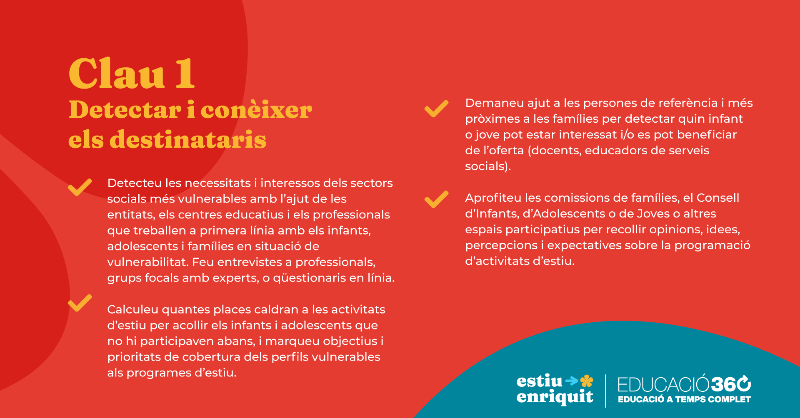educacio360's tweet photo. 🔑 Clau 1 per difondre amb èxit les activitats d'estiu i garantir l'equitat educativa!

➡️ Conèixer els destinataris implica preguntar-los com les veuen, què n'esperen i desitgen, i treballar amb aquesta informació per preparar la campanya de difusió.