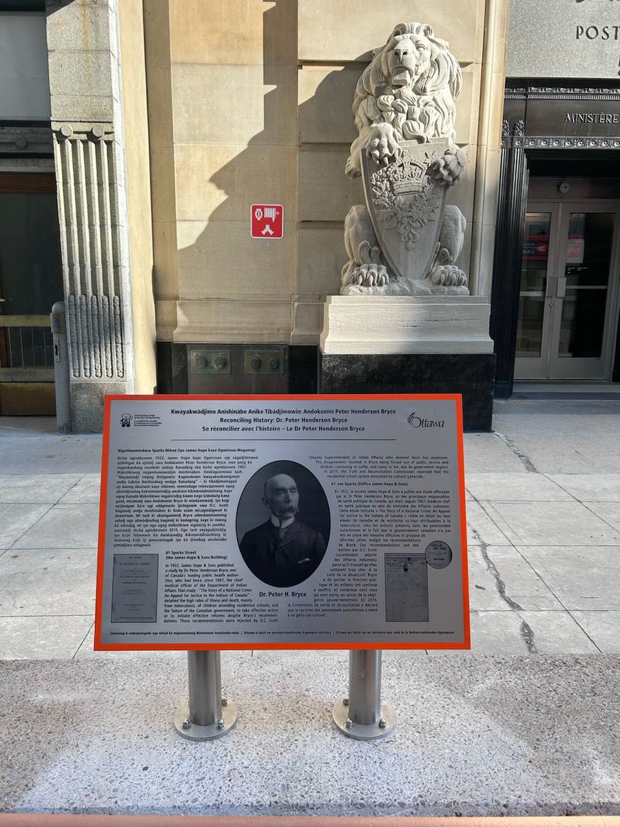 cblackst's tweet photo. The plaque recognizing PH Bryce’s booklet “A National Crime” on residential schools is newly installed on Sparks Street featuring Algonquin, English and French text. Thank you to City of Ottawa🧡 https://t.co/Q3REAgJWdz
