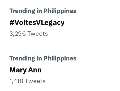 Mary Ann and #VoltesVLegacy are still trending on my twitter trends. 

#YsabelOrtega #MiguelTanfelix
#V5LegacyTarget #VoltesVLegacy