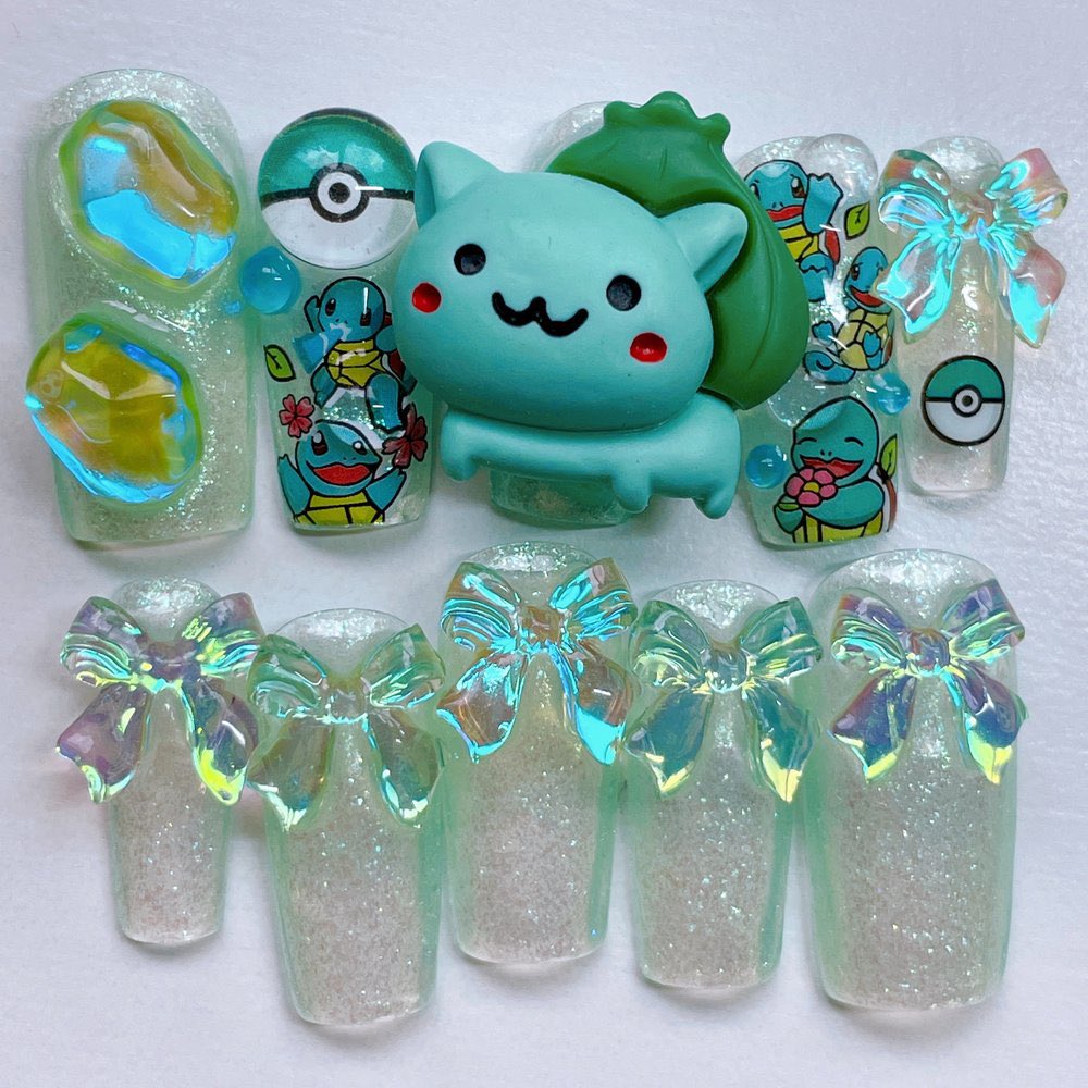 trashnails's tweet photo. Simple Bulbasaur nails available 🌿🎀

#nails #nailart #pressons #pressonnails https://t.co/UVgB9Fiiri