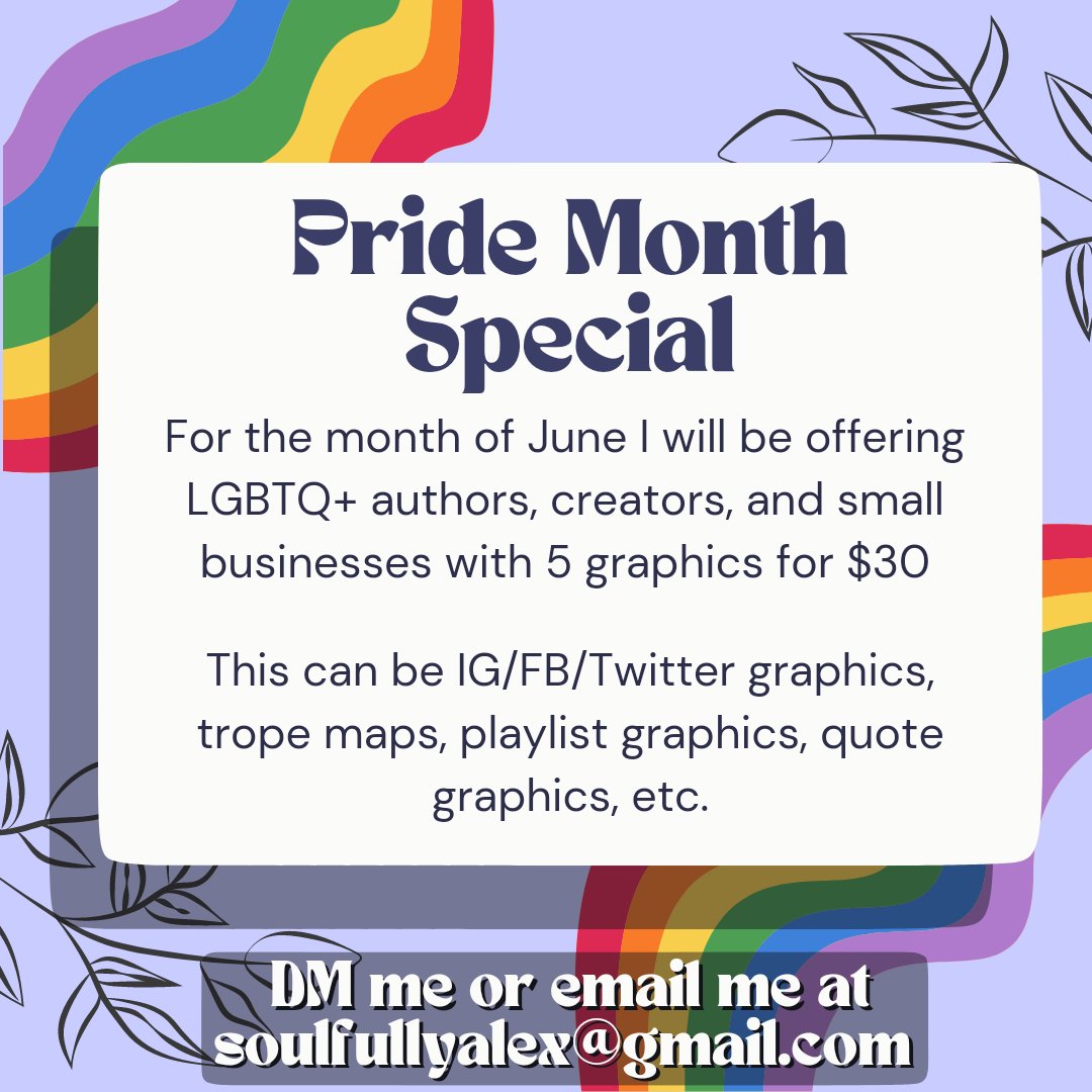 It's almost June and that means I get to make an announcement!

For the entire month of June I will be offering LGBTQIA+ creators/authors 5 graphics for $30. 

IG/FB/Twitter, trope maps, and more!

DM or email me! 

#IndieAuthors #IndieBooks #LGBTQAuthors #SmallBusiness