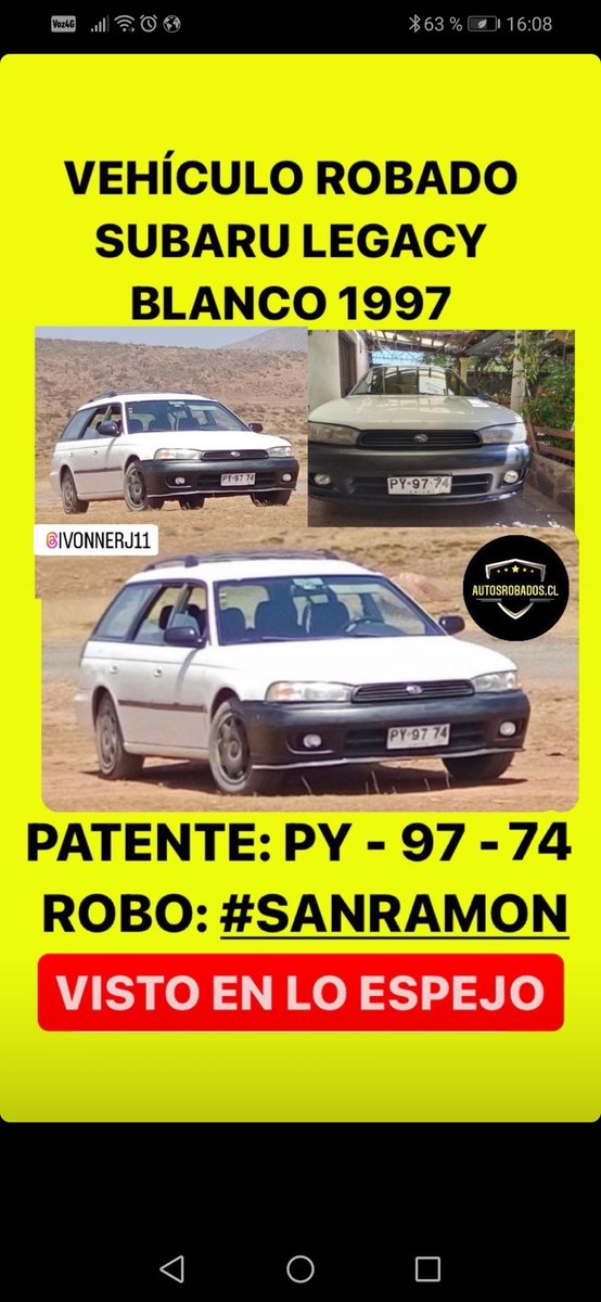 Hola yo otra vez pidiendo ayuda para difundir el pasado 20 de mayo me robaron mi auto delincuentes se pasean por vespucio sur y autopista central como si nada este sábado 27 nuevamente salieron a robar y nadie hace nada <a href="/Carabdechile/">Carabineros de Chile</a> <a href="/Carolina_Toha/">Carolina Tohá</a> a quien tengo que recurrir?