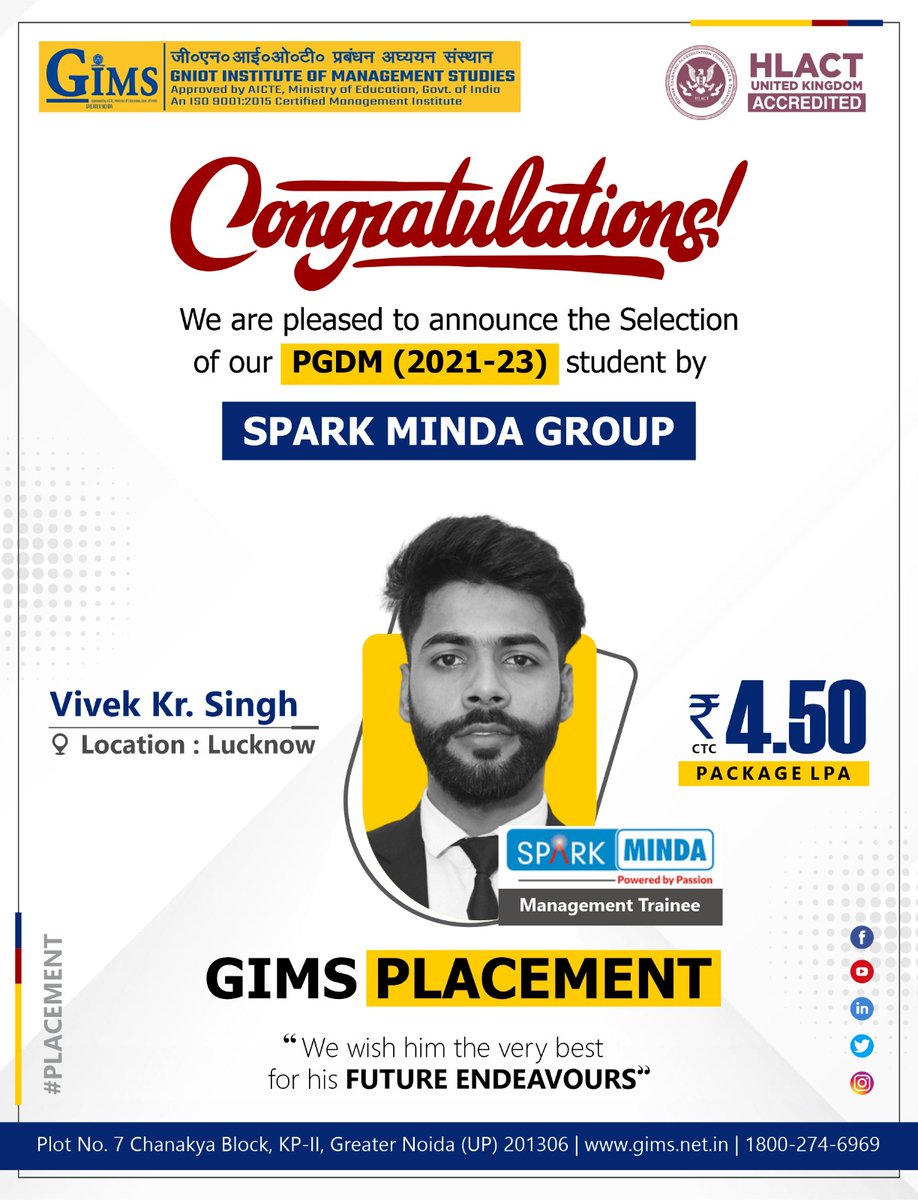 To mark another Remarkable Achievement of GIMSians, GIMS, Greater Noida proudly announces the successful joining of our PGDM (2021-23) student Vivek Kumar Singh. 

#gniot #GIMS #PGDM #GreaterNoida #GreaterNoidaCollege #Achievement #Success #Placement #students #congratulate