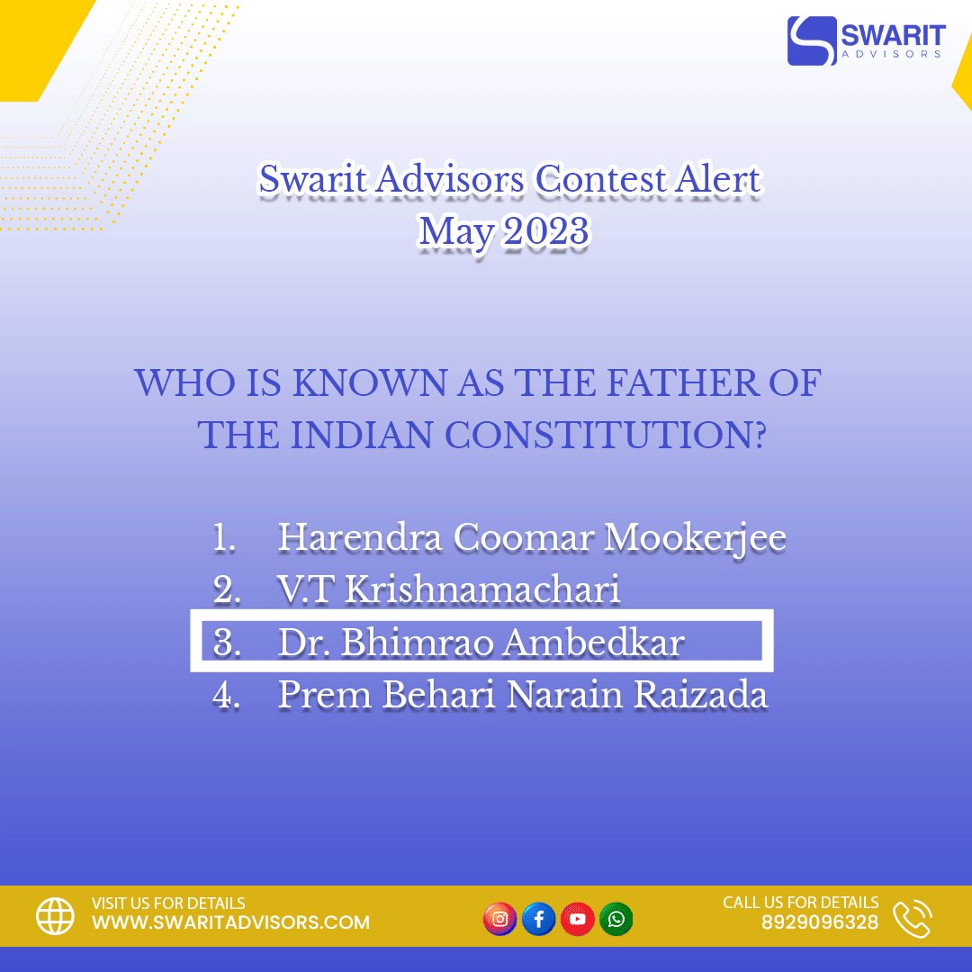 @SwaritAdvisors 🔴Ans--(3) Dr.Bhimrao Ambedkar
#ContesAlert
#AmazonVoucher
@SwaritAdvisors 
@anublue30 
@SonaliNandy8 
@JayshreeMalhot6 
@Rekhajadhav11 
@JayJayantiRoy1 
@LaxmiPatell