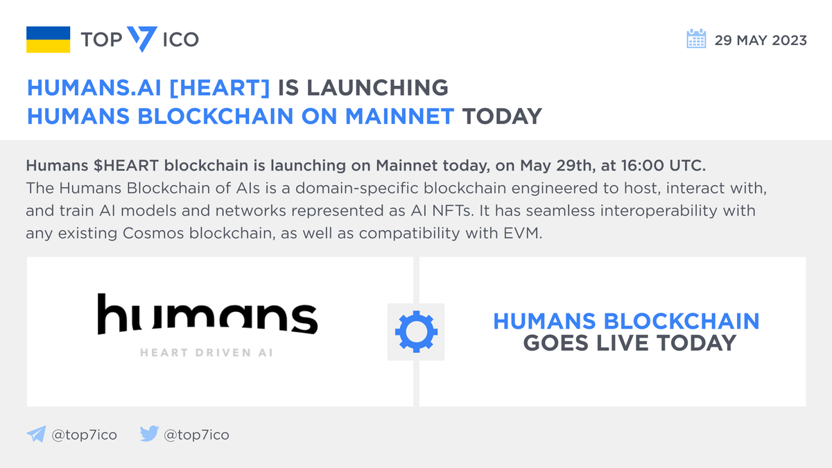 top7ico's tweet photo. Humans.aі [HEART] is launching Humans blockchain on Mainnet today

@humansdotai $HEART blockchain is launching on #Mainnet today, on May 29th, at 16:00 UTC. The #HumansBlockchain of AIs is a domain-specific blockchain engineered to host, interact with, and train #AI models and networks represented as AI NFTs. It has seamless interoperability with any existing @cosmos blockchain, as well as compatibility with #EVM. At its core, the Humans Mainnet is a sovereign chain supported by a curated selection of 50 validators, such as @Ledger, @moonstake and @everstake_pool.

🔗 https://t.co/xER5DmZaoJ