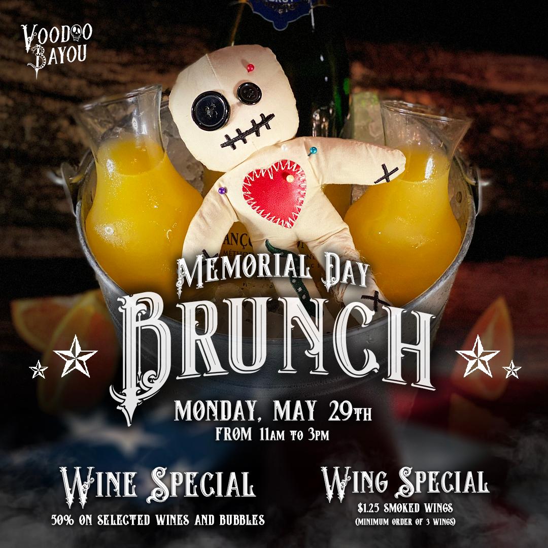 🇺🇸 Join us Today for Memorial Day Brunch 🙏🎗️ Come together with friends and family as we honor and remember the brave men and women who made the ultimate sacrifice for our freedom. 
#MemorialDay #Brunch #VoodooBayou