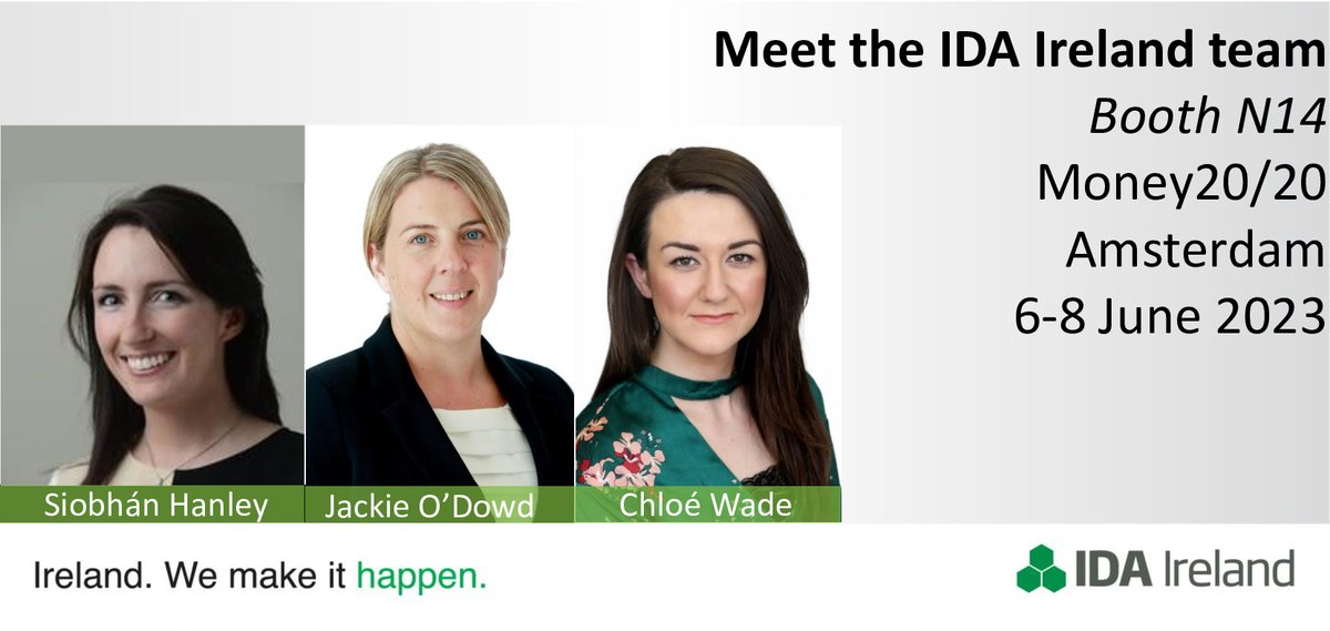 IDAIRELAND's tweet photo. Come and meet IDA Ireland at #Money2020 in Amsterdam (booth N14) on June 6th – 8th to learn more about how companies can scale and internationalise from Ireland.
#FinTech #InvestinIreland #WhyIreland #FinancialServices @money2020 https://t.co/5p0p8gkRGo