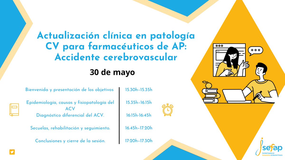 🚨Mañana comienza la formación online SEFAP: “Actualización clínica en patología CV para farmacéuticos de AP:
Accidente cerebrovascular”

Para conocer más👇
sefap.org/2023/05/12/for…

Echa un vistazo a la programación👇