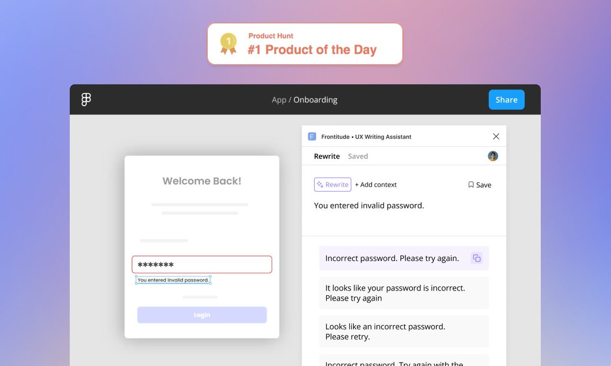 Yess! The UX Writing Assistant reached the top of the list as the #1 product on @ProductHunt!

It serves as a huge vote of confidence from the community, leaving us absolutely thrilled to move forward and integrate AI into Frontitude’s end-to-end solution.
