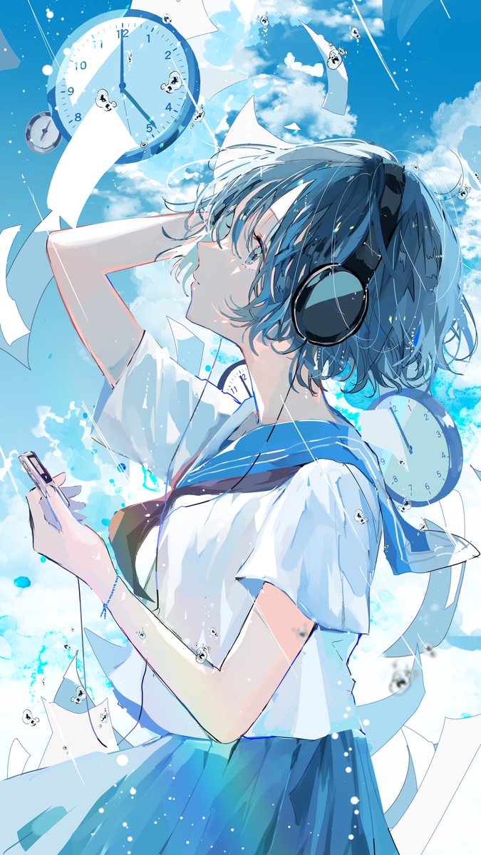 1girl solo skirt school uniform headphones short hair blue skirt  illustration images