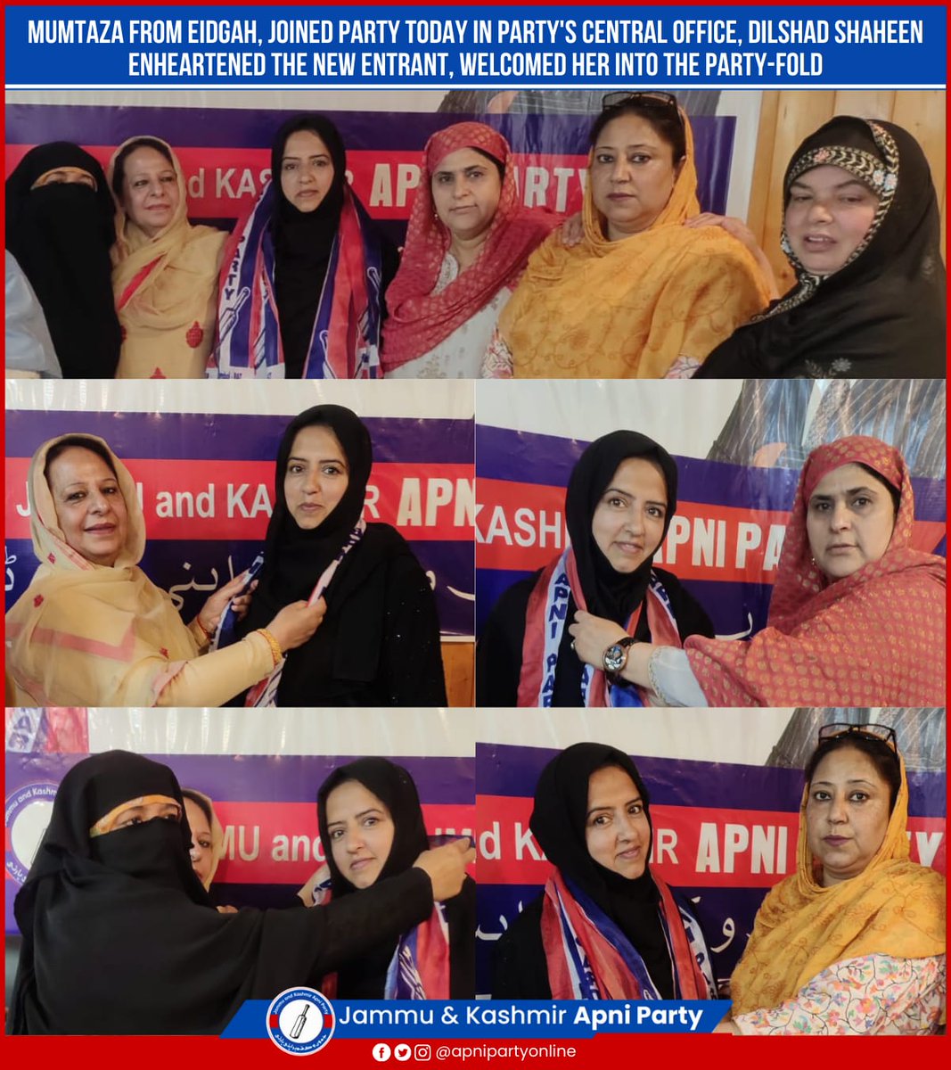 Apnipartyonline's tweet image. Apni Party Women's Wing witnessed new joining Mumtaza from Eidgah, Saidpora.
She was welcomed by Party Provincial President Women's Wing Dilshad Shaheen into the Party-fold.
@DilshadShaheen_
#Jkap #ApniParty #jkapniparty #AltafBukhari #apnipartyonline #JammuAndKashmir