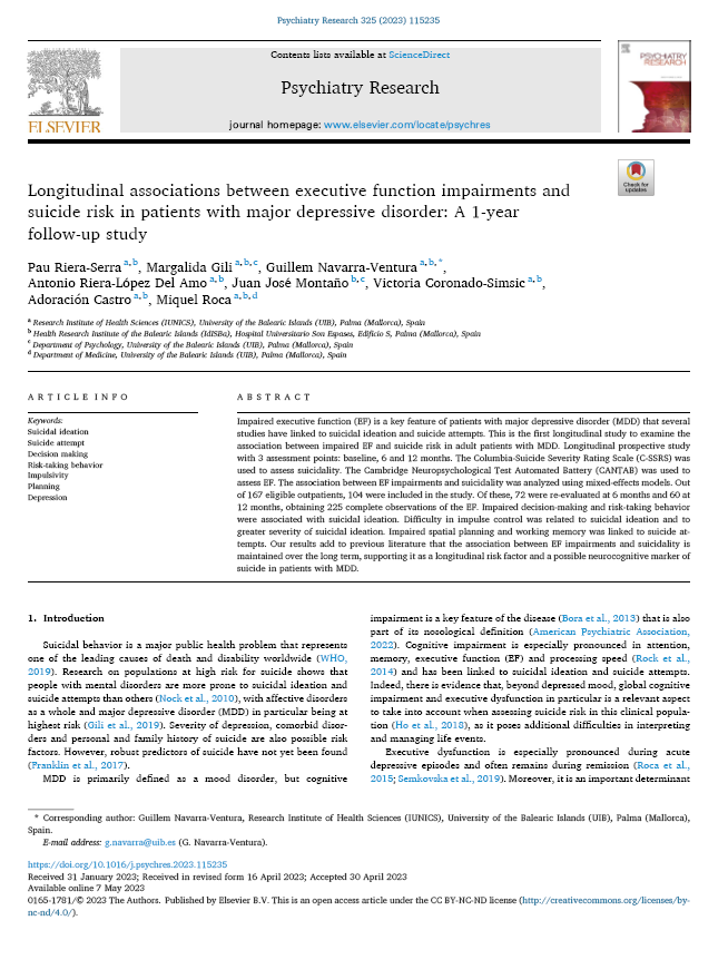 Nou article Longitudinal associations between executive function impairments and suicide risk in patients with major depressive disorder: A 1-year follow-up study buff.ly/3C1mUzq @idisbaib #PublicaSalutIB