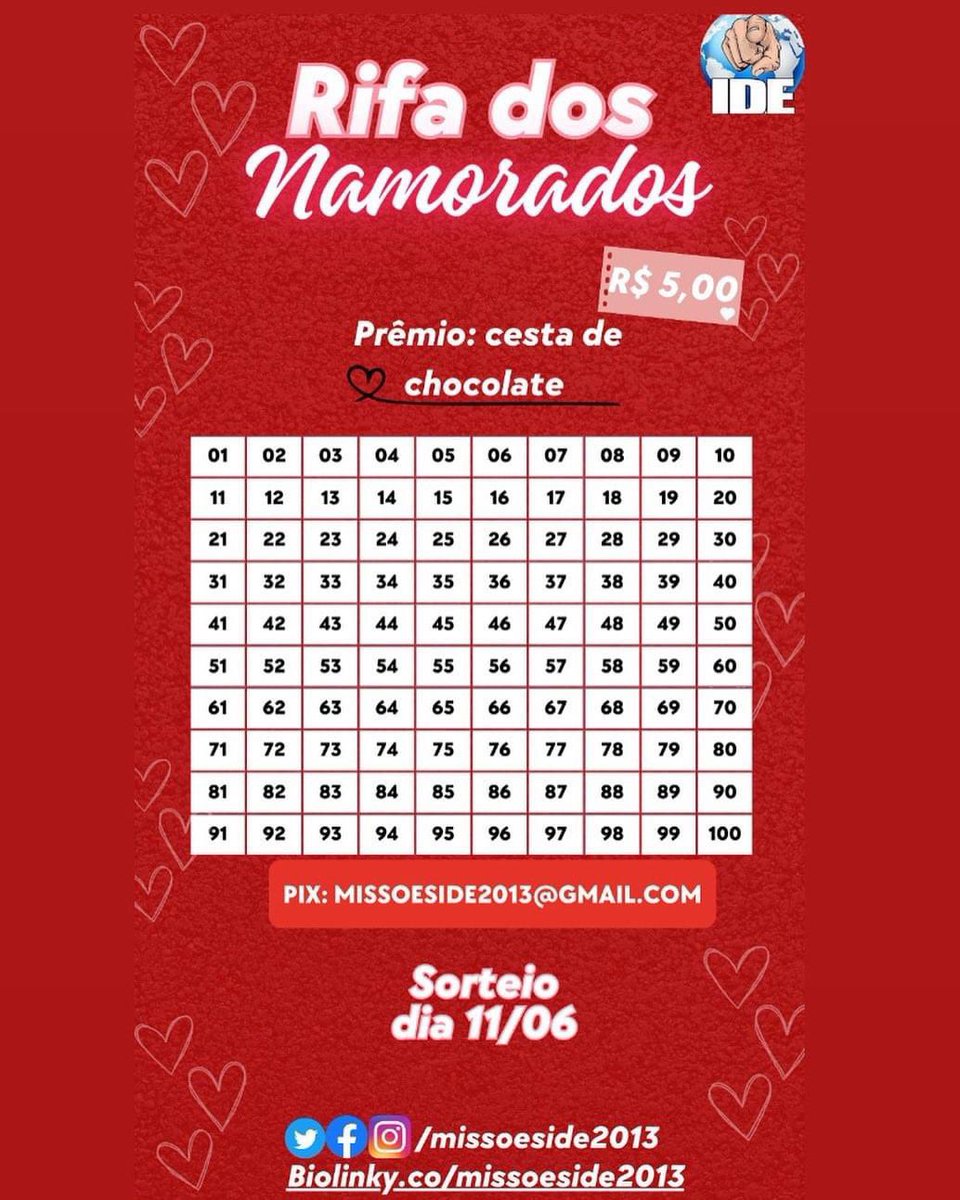 MissoesIDE2013's tweet photo. SORTEIO DIA DOS NAMORADOS
Prêmio:
Cesta de Chocolates
Data do sorteio: 11/06
Valor de Participação: R$ 5,00
Obs:
Pix e informações: missoeside2013@gmail.com ou 21 96995‑1388
Ministério MISSÕES IDE
#MissoesIDE
#SorteioMMI
#DiaDosNamorados https://t.co/NEx1uHU8jp