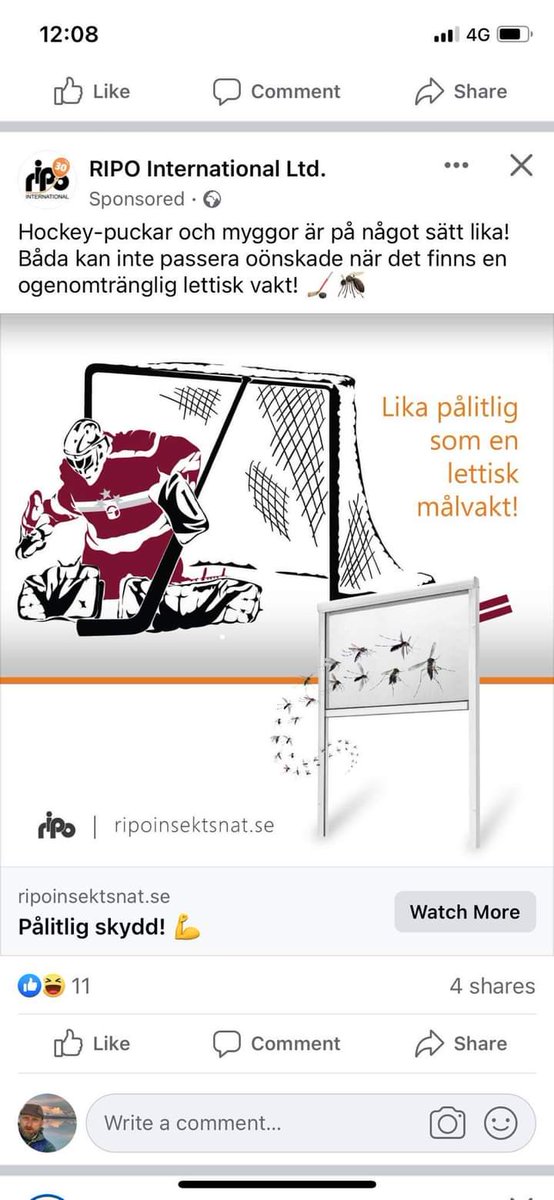 AinisRoga's tweet photo. Zviedrijā reklamē līdzekli pret odiem, sakot, ka tas ir tikpat drošs kā Latvijas vārtsargs!😅 https://t.co/gZa1J5v1d5