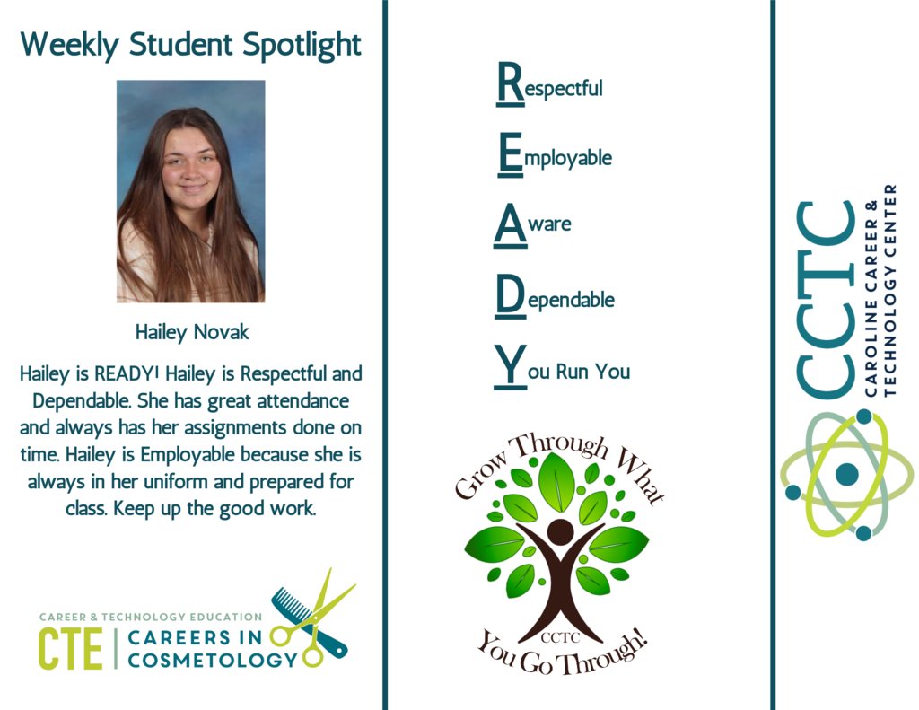 CCTC_CCPS's tweet photo. Congratulations to the following students for earning the last 2 weeks' of the PBIS Student Spotlight. As always, students are nominated for being READY meaning: Respectful
Employable
Aware
Dependable
You Run You
Keep up the amazing work, we see you!
#CCTCReady
(Post 1 of 3) https://t.co/n6Tz5SOCPL