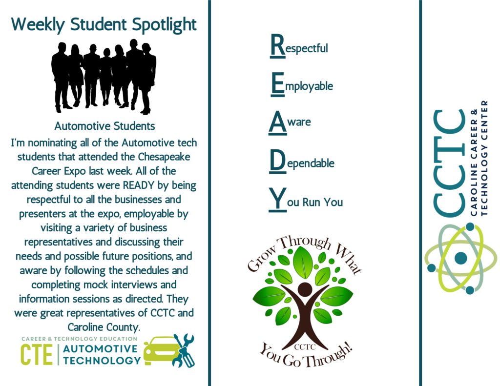 CCTC_CCPS's tweet photo. Congratulations to the following students for earning the last 2 weeks' of the PBIS Student Spotlight. As always, students are nominated for being READY meaning: Respectful
Employable
Aware
Dependable
You Run You
Keep up the amazing work, we see you!
#CCTCReady
(Post 1 of 3) https://t.co/n6Tz5SOCPL
