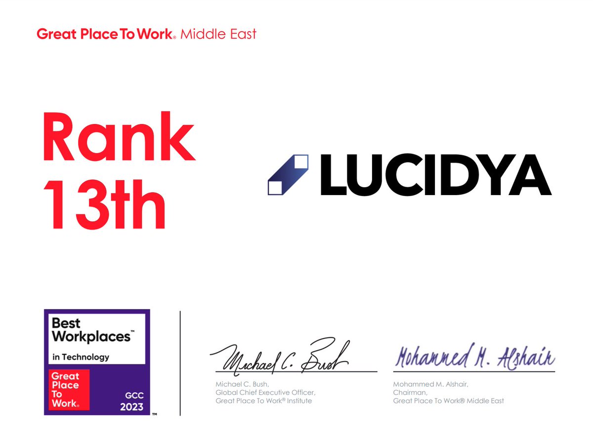 Lucidya's tweet photo. We are thrilled to announce that #Lucidya has been selected as one of the Best Workplaces in Technology™️ List for the year 2023!
This award speaks volumes about our dedication to fostering growth, embracing diversity, and empowering our talented team to achieve newer milestones.
This remarkable recognition is a testament to the dedication and passion exhibited by each individual at Lucidya, driving our collective success forward.
#GreatPlaceToWork