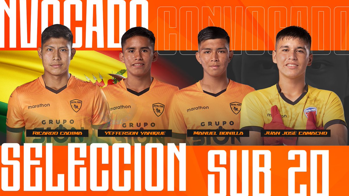 #FuerzasBásicas | Salió una nueva convocatoria de la Selección 🇧🇴 Sub 20, y Royal Pari aporta cuatro futbolistas:
🔸Juan José Camacho - Arquero
🔸Ricardo Cadima - Defensor
🔸Manuel Bonilla - Defensor
🔸Yefferson Yanique - Volante ofensivo
💪🦁 ¡Hay futuro! ¡Vamos Royal!

#Sub20