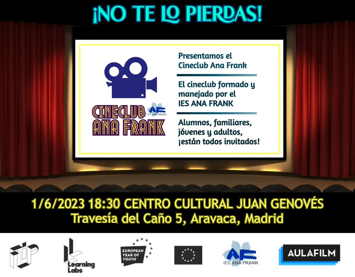 iesanafrank's tweet photo. ¡Os esperamos a la presentación del cineclub Ana Frank el 01-06 en el centro cultural Juan Genovés! 🎬@MADRID @MoncloaAravaca @aulafilm @LasEspigadoras @leeres @ampaiesanafrank @colegiorosalux @aparosaluxembu1 @RadioAcrola @OsaMayorAravaca #AulafilmLearningLab #CreativeFLIP 👇 https://t.co/0Oan9Wxe1J