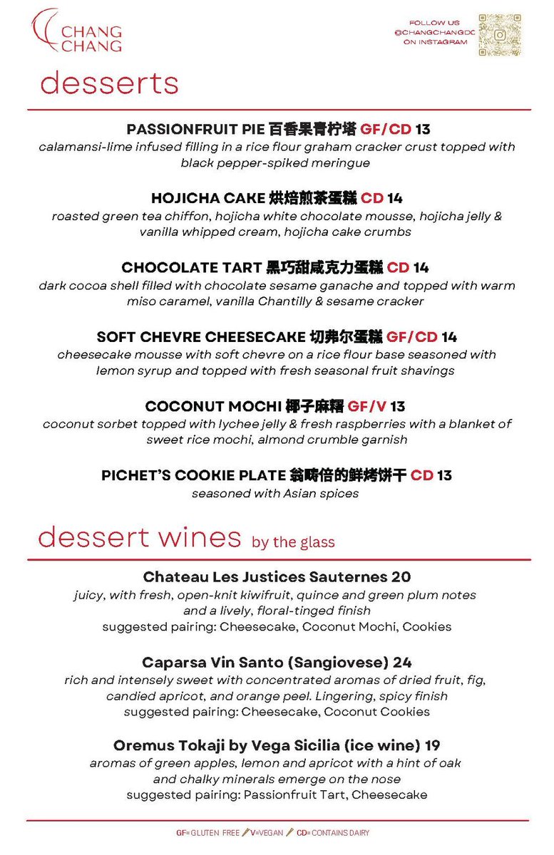 Chang Chang (1200 19th St NW) has revamped its menu. Duck four ways is out. Peking duck is in along with many Peter Chang staples and Chinese-American standards found at his eponymous restaurants. One thing hasn't changed - the necessity to order a dessert by Chef Pichet Ong.