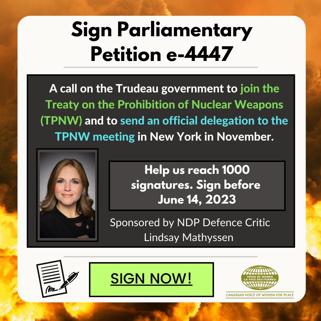 Help create a culture of peace🕊️! Call on @JustinTrudeau government to join Treaty on the Prohibition of #NuclearWeapons & to send official #Canadian delegation to #TPNW meeting in NYC this Nov. @melaniejoly @nuclearban
Sign parliamentary petition here: bit.ly/3MDLFYs 👈