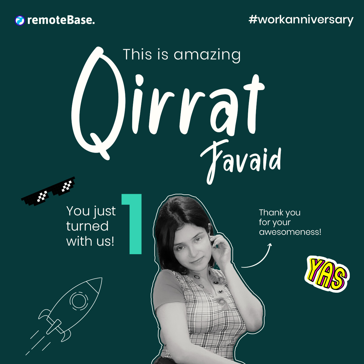RemotebaseHQ's tweet photo. Congratulations to Qirrat Javaid on achieving the 1 year milestone in the journey of success with Remotebase! 🎉 We thank you for your awesomeness. ✨
Wishing you an incredibly happy work anniversary with plenty more to come!
#workanniversary #remotework #talent #talentcloud https://t.co/7PBKeRxbgU