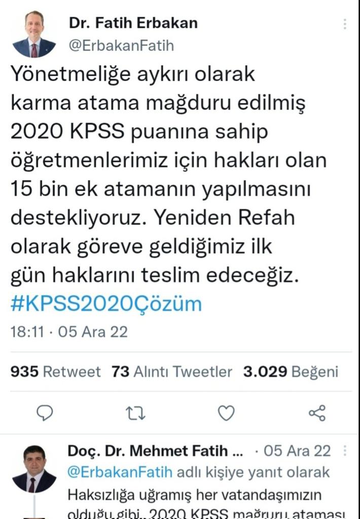 @mehemmed19 Sayın Vekilim öncelikle hayırlı olsun. Mücahit Başkanımızın daha önce #2020KPSS'nin mağduriyetini gidermek için verdiği söz 3 yıldır mağdur edilen bizler için çok kıymetli. Merhum Erbakan hocamızın emaneti olan @ErbakanFatih Başkanımıza güveniyoruz

#2020kpssKaderimizERBAKAN