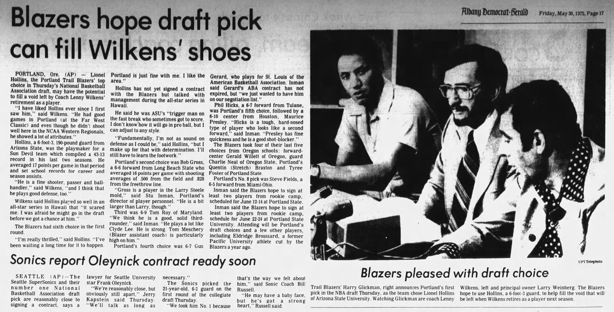 77Blazers's tweet photo. May 29 1975 - The @trailblazers select @LionelHollins14 of @SunDevilHoops &amp; #BobbyGross of @LBSUMBB in 1975 @NBADraft. 

The #Blazers also drafted players from @OregonMBB, @BeaverMBB, @PortlandMBB, &amp; @psuviksMBB 

#RipCity https://t.co/t7lxlZklfg
