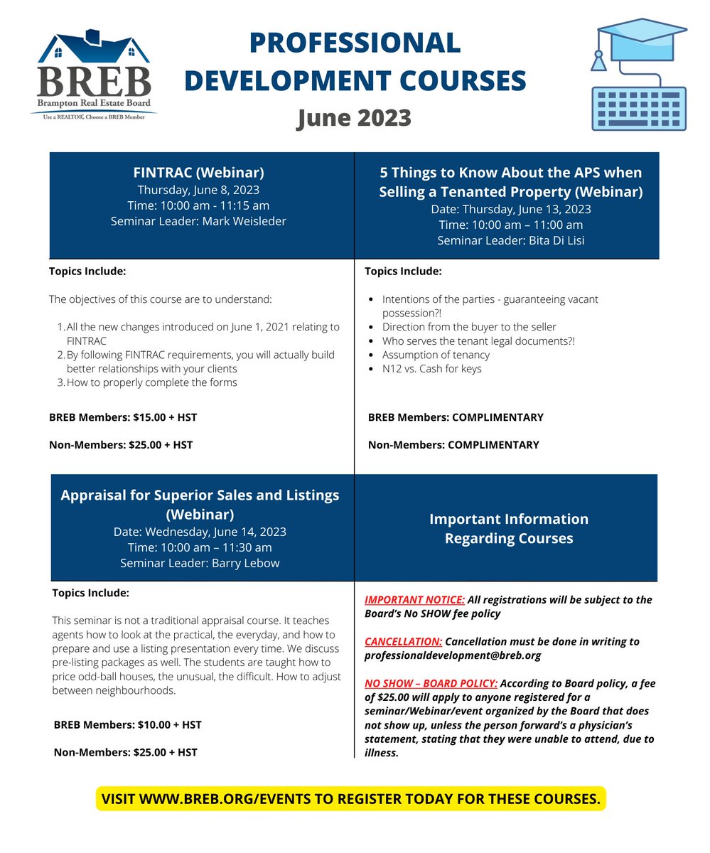 Here is an overview of the courses available for June 2023. You can visit breb.org/events to register today.

#BREB #ProfessionalDevelopment #Courses #Education