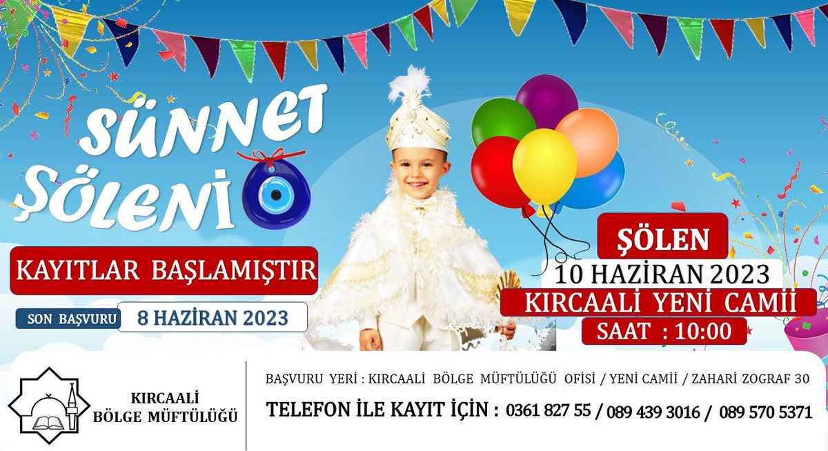 📢 D U Y U R U

Kırcaali Bölge Müftülüğü, Yesevi Hareketi Derneği iş birliği ile sünnet şöleni düzenleyecek.

Çocukların sünnetleri özel uzman doktorlar tarafından, hijyenik ortamda ücretsiz olarak gerçekleştirilecek.