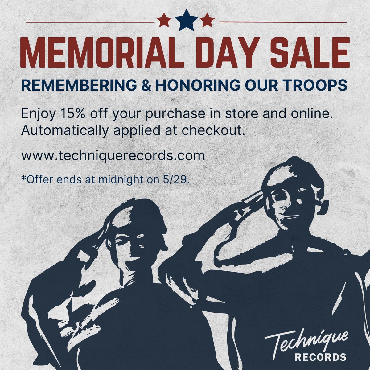 techniquerecs's tweet image. Memorial Day Sale in honor of our troops. 🫡 15% off of your purchase in store and online. Applied automatically at check out. 

Shop now: techniquerecords.com 

Open today 12-5PM