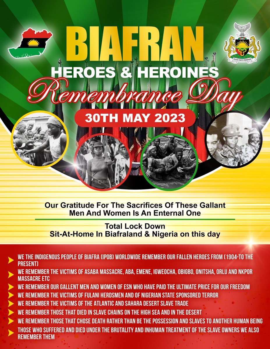 ChinasaNworu's tweet photo. 30th May of 2023 is the most  perfect Date for #BIAFRA heroes & heroines day . 
#Biafra rememberance day will be celebrated tomorrow a day after the swearing of the new #Nigeria president and  #IPOB will protest in front many govt institutions round the world . 
Many prominent & foreign dignitaries are going to embrace this #Biafra memorial event to celebrate #Biafra  #holocaust day . Letters & petitions will be handed over to world institutions & govt offices on the need to restore Biafra  through a referendum to avoid  a repetition of 1967-1970 Biafra #genocide and the need to release #MNK from the #DSS illegal detention after the Nigerian appeal court has discharged and acquitted him from all charges brought against him , also the need to free all Biafra prisoners of conscience held by the Nigeria govt. 
#Biafra rememberance day protest will be a counter force to Nigeria new presidential inauguration . Also the  protest is against this fraudulent and selected new govt supported & manipulated by the #US & #UK government just for their selfish interest in Nigeria. We shall remember all that were killed because of Biafra  from 1904- till date .@real_IpobDOS @mfa_russia @USinNigeria @MZakharova2